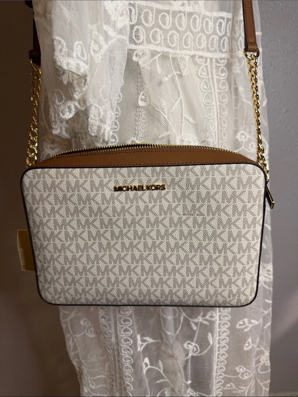 Michael Kors Beige Logo Crossbody with Tan Leather & Gold Chain - Picture 3 of 12